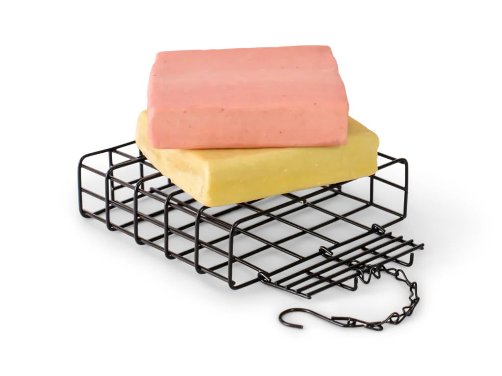 Berry and peanut Topflite Energy Cakes on an Energy Cake Bird Feeder